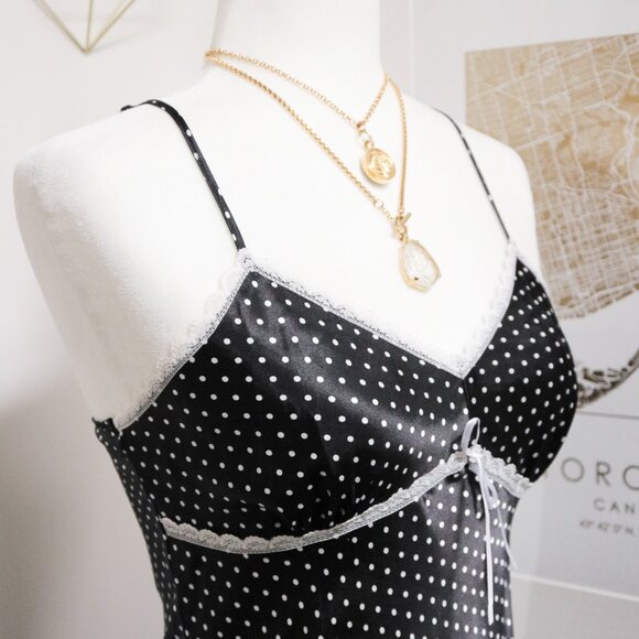 Black Polka Dot Ruffle Skirt Satin Slip Dress 🐻❄️ LA VIE EN ROSE - Picture 2 of 7